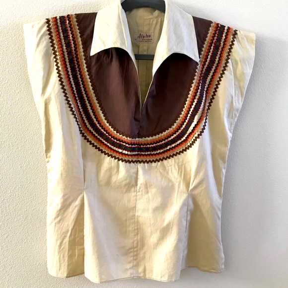 Alpha Sportswear Tops - VINTAGE Alpha Sportswear Brown Beige top + multi-color rick rack Lined  fitted